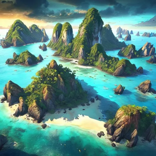 Prompt: Archipelago landscape inspired by Uncharted 4, detailed tropical islands, crystal clear water, lush greenery, ancient ruins, exotic wildlife, high quality, realistic, adventure game style, vibrant color tones, dramatic lighting, scenic panoramic view, tropical paradise, ultra-detailed rendering, adventurous, mysterious atmosphere, remote islands, breathtaking visuals