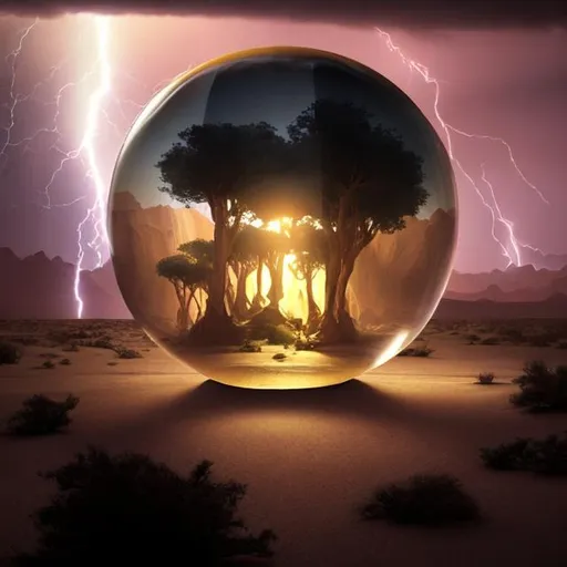 Prompt: a deser oasis encased in a a glass orb, high fantasy, dark ambient lightning

