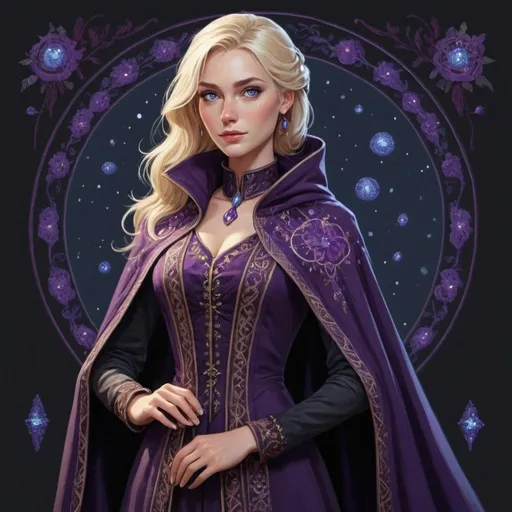 Prompt: A blonde, tall woman, with an elegant poise, in a dark purple adventuring cloack, the cloack is embroidered with constalliations. She has light blue eyes with a purple shine.