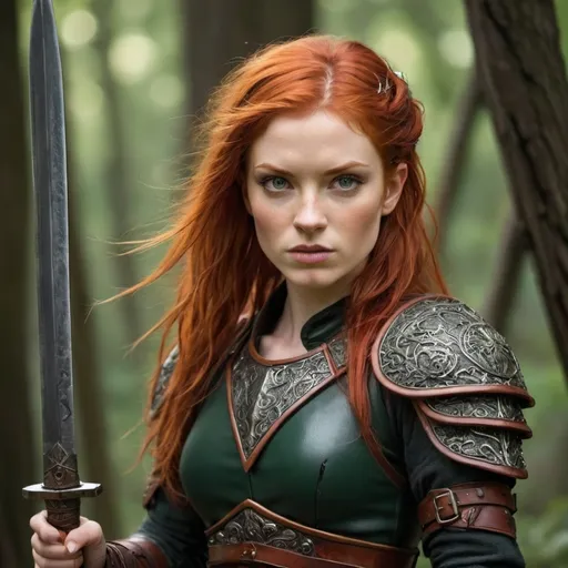 Prompt: She stands slightly taller than most halflings, her frame packed with lean, wiry muscle. Her skin is sun-kissed, Her most striking feature is her fiery red hair, which  is short, but with a few unruly strands  Her eyes are green,  Her armor is studded leather, dyed a deep forest green  Her twin short swords, hilts adorned with intricate carvings of flames.