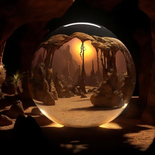 Prompt: a deser oasis encased in a a glass orb, high fantasy, dark ambient lighting

