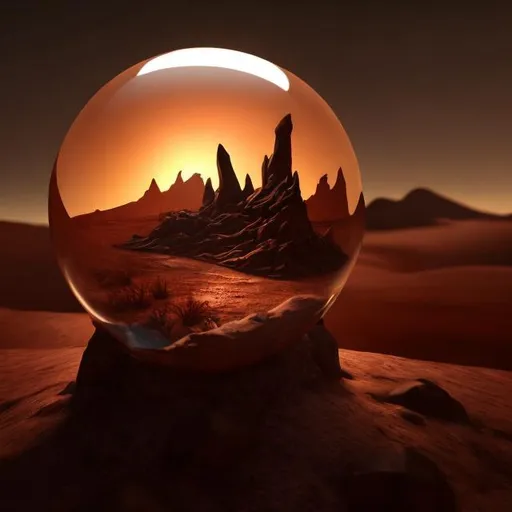 Prompt: a desolent dessert encased in a a glass orb, high fantasy, ambient lighting

