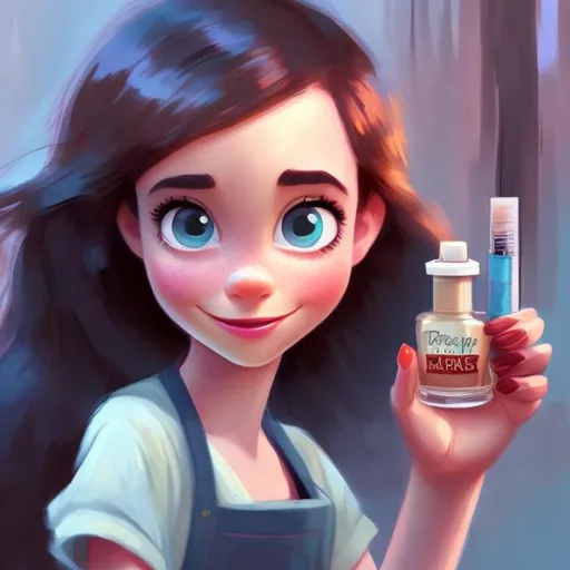 Prompt: Disney, Pixar art style, CGI, young woman, long dark hair, brown big eyes, work apron, holding nail polish bottles in one hand and nail polish brush in other hand