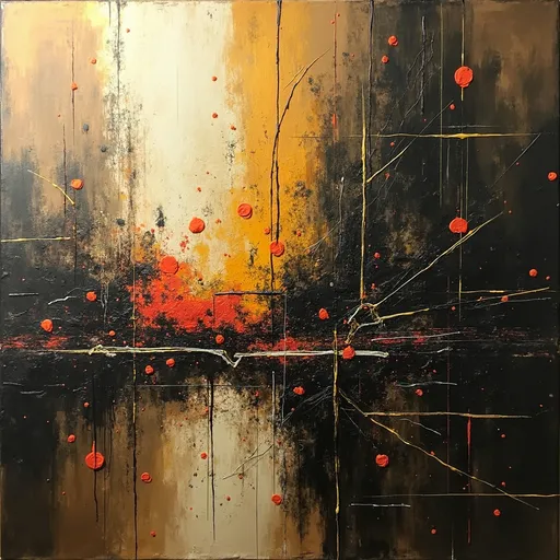 Prompt: A dynamic interplay of colors and textures brings this abstract painting to life, with broad strokes of brown, black, and warm tones like gold and orange creating a rich, layered visual experience. The bold use of contrasting shades adds depth, while splatters and lines introduce a sense of spontaneity, guiding the viewer’s eye through its intricate labyrinth. The composition feels both chaotic and intentionally structured, as if capturing a moment of emotional turbulence or an unresolved story. The interplay of light and shadow, enhanced by the mixed media approach, evokes a mood that is at once contemplative and energizing, inviting deeper reflection into its meaning.