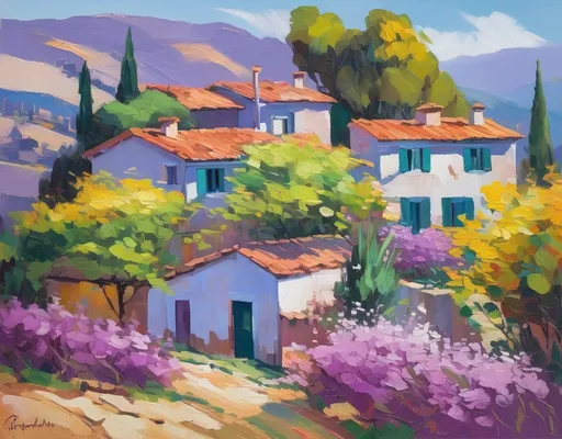 Prompt: Vibrant colors burst forth in an expressive landscape painted with bold brushstrokes, showcasing a serene panorama of rolling hills under a brilliant blue sky. Lush trees adorned with blossoms in shades of purple, yellow, and green frame the scene, their vivid hues contrasting against the deep mountains in the background. Nestled amidst the flourishing flora, quaint houses with terracotta roofs emerge, their earthy tones harmonizing with the lively colors surrounding them. The interplay of light and shadow creates a sense of depth, while the dynamic composition invites the viewer to feel a joyful connection with nature's beauty, evoking a mood of tranquility and bliss. expressionism
