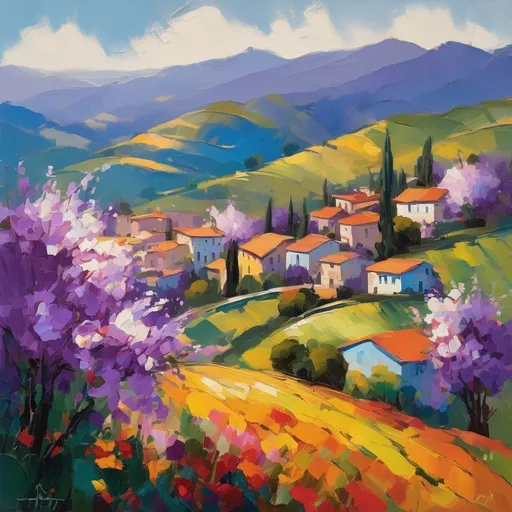 Prompt: Vibrant colors burst forth in an expressive landscape painted with bold brushstrokes, showcasing a serene panorama of rolling hills under a brilliant blue sky. Lush trees adorned with blossoms in shades of purple, yellow, and green frame the scene, their vivid hues contrasting against the deep mountains in the background. Nestled amidst the flourishing flora, quaint houses with terracotta roofs emerge, their earthy tones harmonizing with the lively colors surrounding them. The interplay of light and shadow creates a sense of depth, while the dynamic composition invites the viewer to feel a joyful connection with nature's beauty, evoking a mood of tranquility and bliss. expressionism
