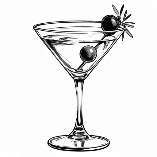 Prompt: in a sketch style draw in black and white a martini cocktail with and olive with a transparent background
