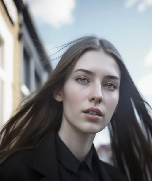 Prompt: Tall young woman walking down the high street, detailed clothing, realistic, natural lighting