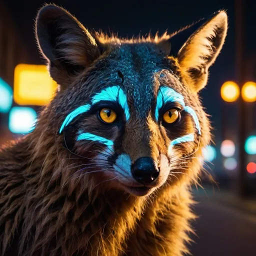 Prompt: Close-up, nocturnal wildlife, urban landscape, neon glow, challenges, detailed eyes, wildlife adaptation, urban wildlife, city lights, highres, nocturnal animals, urban, neon, detailed fur, wildlife close-ups, vibrant, atmospheric lighting, wildlife, nocturnal, urban environment