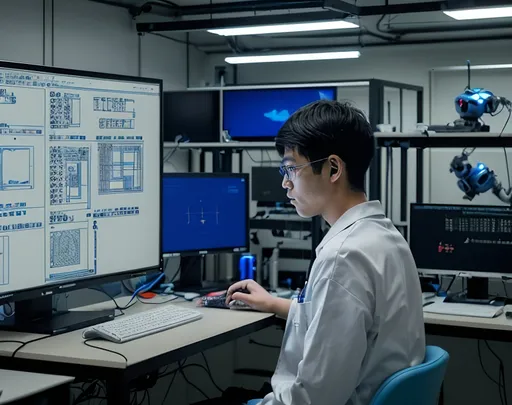 Prompt: gen Z tokyo based software engineer working in his lab, focusing on the robot blueprints design specs on the screen
