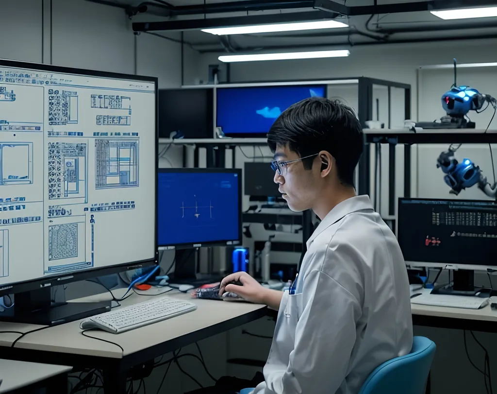 Prompt: gen Z tokyo based software engineer working in his lab, focusing on the robot blueprints design specs on the screen
