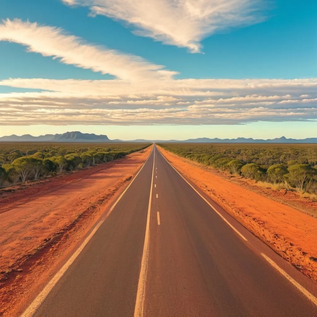 Prompt: A straight road leading up to the horizon of the Queensland outback. Dazzling bright sky.