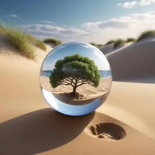 Prompt: a glass ball with a tree inside of it on a sandy surface with water and sand dunes in the background, David Martin, magic realism, reflection, a 3D render