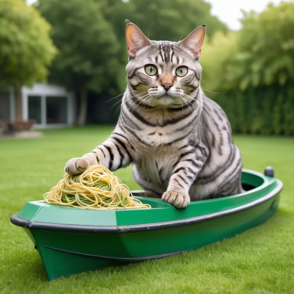 Prompt: A fat Grey Bengal cat in the shape of a tugboat, on a big green lawn, pulling a barge filled with spaghetti, surreal