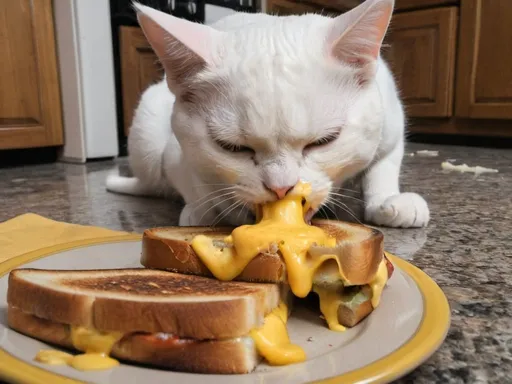 Prompt: The cat eating a grilled cheese