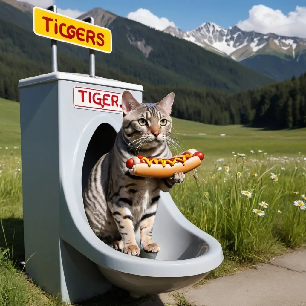 Prompt: A fat grey bengal cat sitting inside a urinal eating a hotdog and a sign that says "Tigers Pspspspalace", in a alpine meadow, surreal