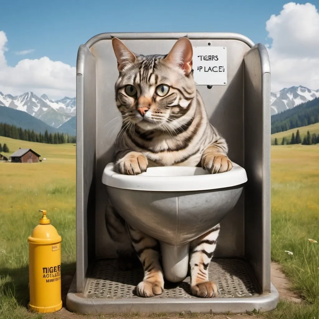 Prompt: A fat grey bengal cat sitting inside a urinal eating a roasted chicken and a  sign that says "Tigers Pspspspalace", in a alpine meadow, surreal