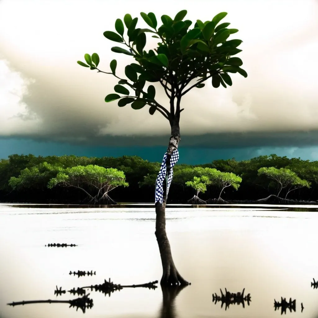 Prompt: a mangrove tree grows out a checkered past in the path of a hurricane