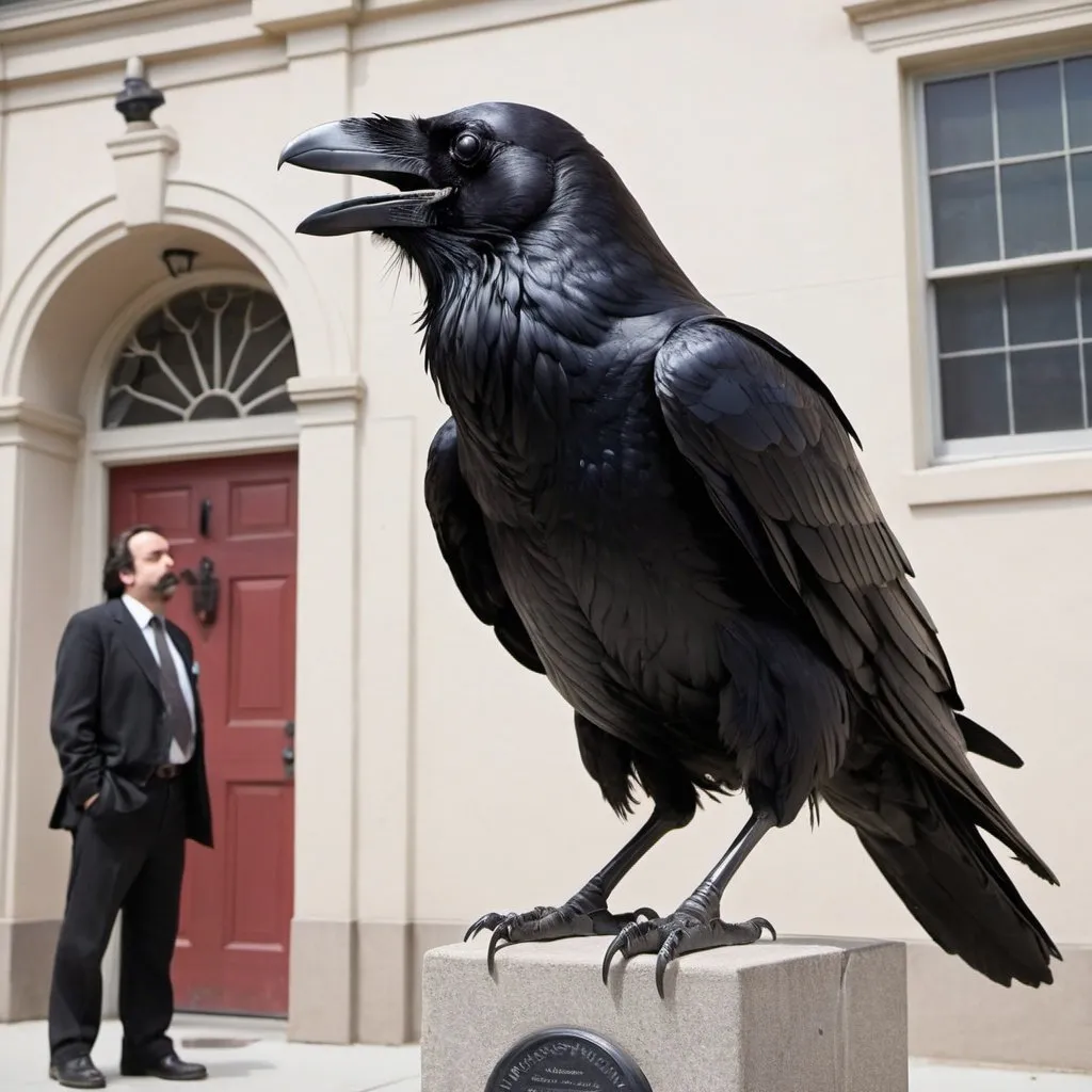 Prompt: Giant raven squawks at E. A. Poe