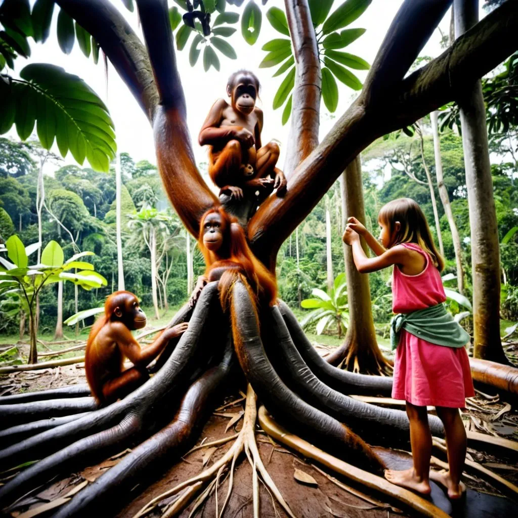 Prompt: among the monkey pod roots the orangutans and young girls gambol