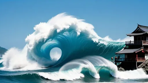 Prompt: a giant wave threatens a Japanese fishing village as the fisherman head for shore on a sky blue day
