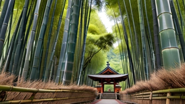 Prompt: bamboo grove in mountains harboring a Shinto shrine