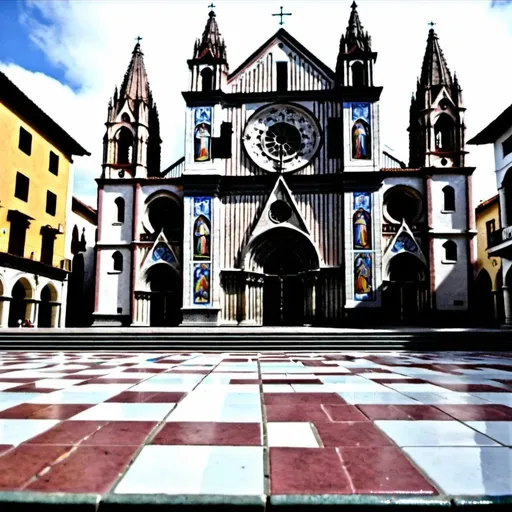 Prompt: a tiled plaza in an earthquake in front of the cathedral