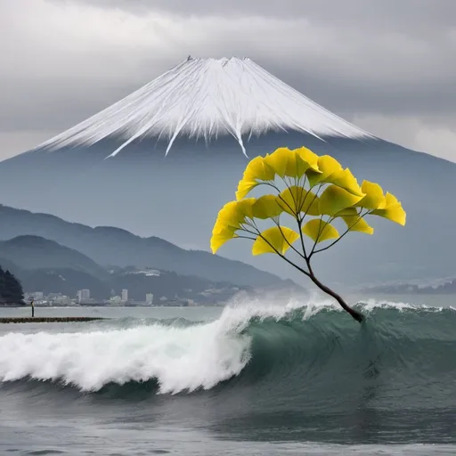 Prompt: ginkgo surfing on a checkered wave beneath Mt Fugi on a cloudy day