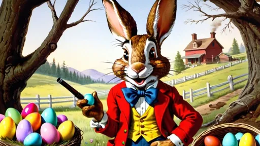 Prompt: Brer Rabbit in the brier patch smoking a brier pipe nestling his Easter eggs 