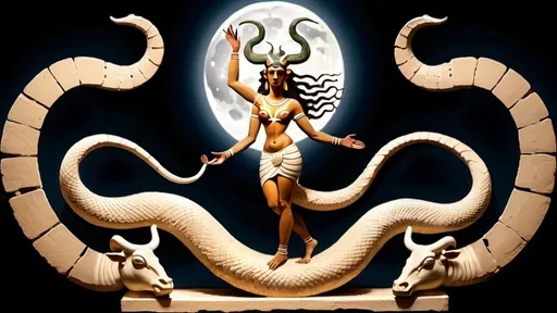 Prompt: Minoan snake goddess in the hall of leaping bulls under a full moon