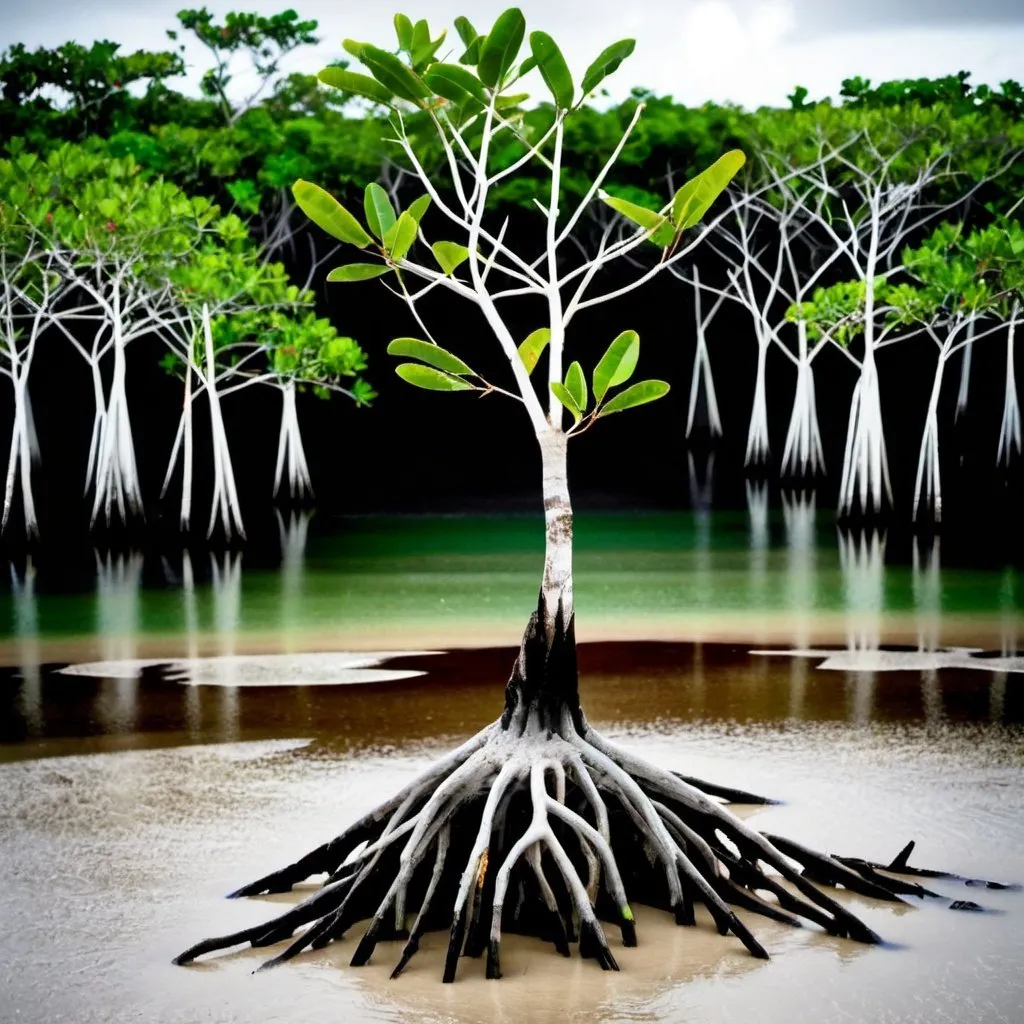 Prompt: a mangrove tree grows out a checkered past in the path of a hurricane