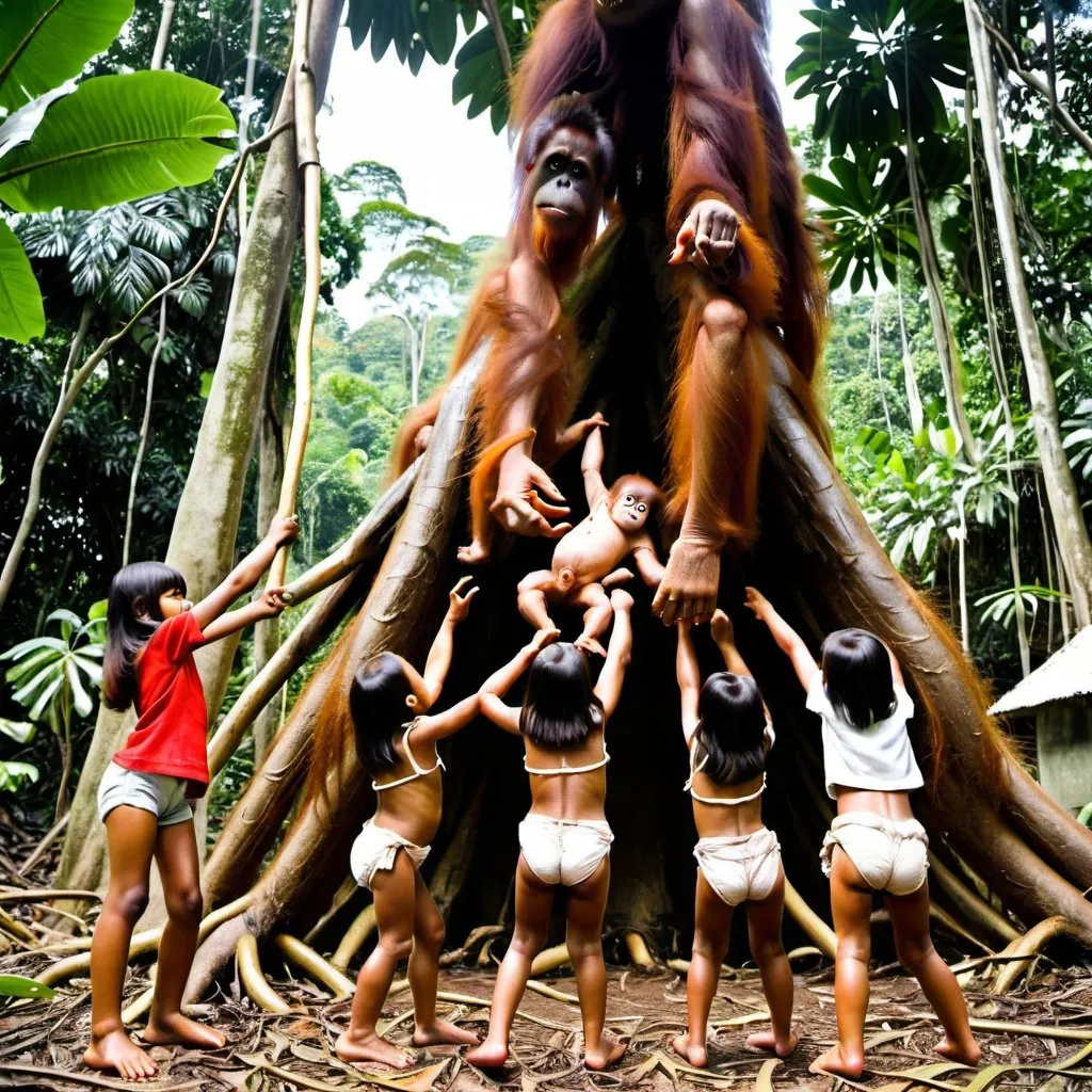 Prompt: among the monkey pod roots the orangutans and young girls gambol