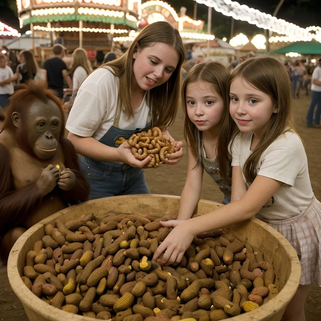 Prompt: girls at a county fair feed an orangutan peanuts