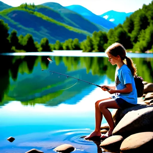 Prompt: girl with a fishing pole on the rocks by a lake casts her spoon lure