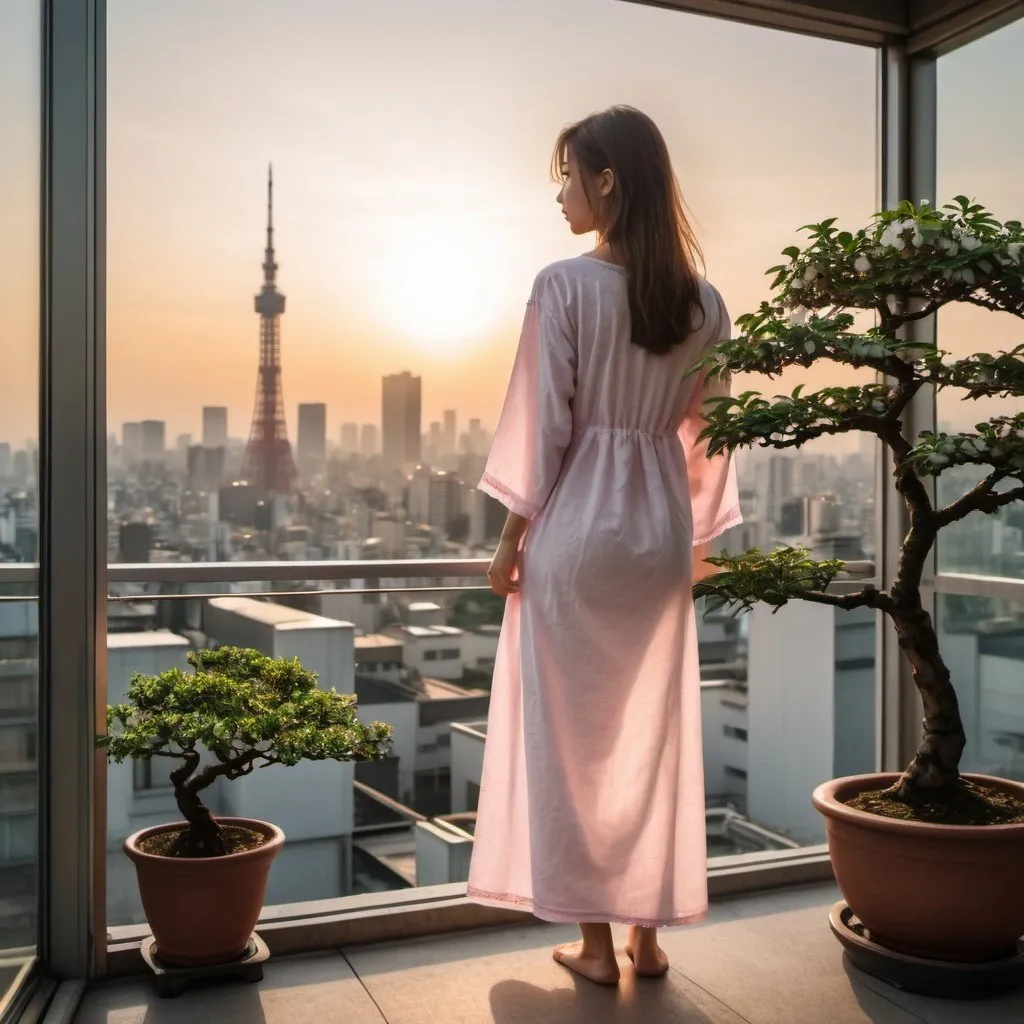 Prompt: girl in a cotton nightgown on a high rise 
patio with bonsai watching the sun rise over Tokyo