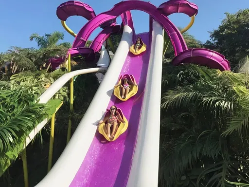 Prompt: girls on a waterslide ride shaped like an orchid