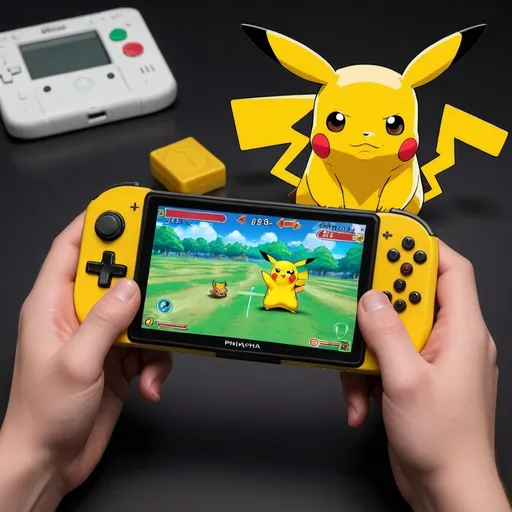 Prompt: "Please create an image showing a person playing a handheld gaming device. The screen of the device displays a battle scene where Pikachu is fighting a Level 1 enemy, which is being defeated. The screen shows information about Pikachu and the enemy in a classic game style, with command buttons for Fight, Bag, Pokémon, and Run. Additionally, the image should include a person holding the gaming device and actively playing the game."If you want to add more details about the player's appearance, like clothing or posture, feel free to include them.