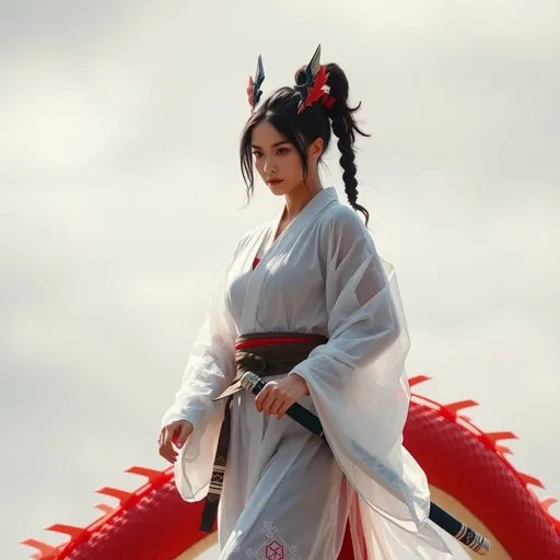 Prompt: Full body beautiful samurai girl with transparent white kimono walking with red dragon