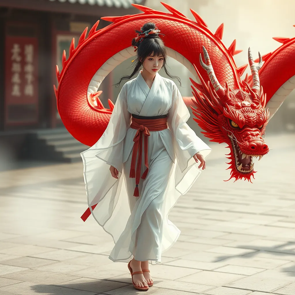 Prompt: Full body beautiful samurai girl with transparent white kimono walking with red dragon