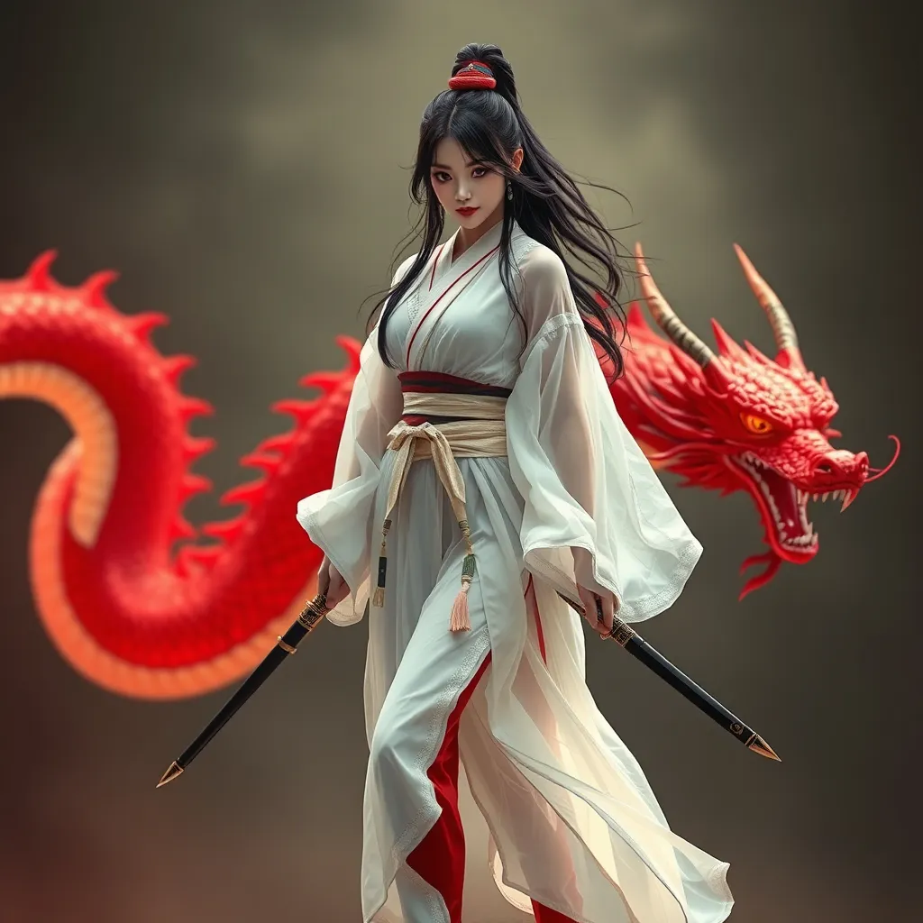 Prompt: Full body beautiful samurai girl with transparent white kimono walking with red dragon