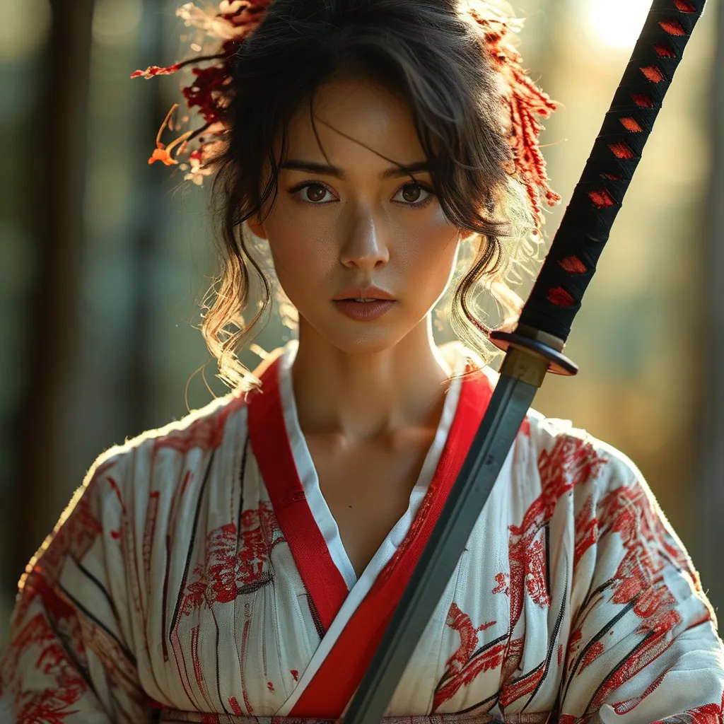 Prompt: Beautiful japanese woman samurai with red and white ripped off kimono, holding a katana