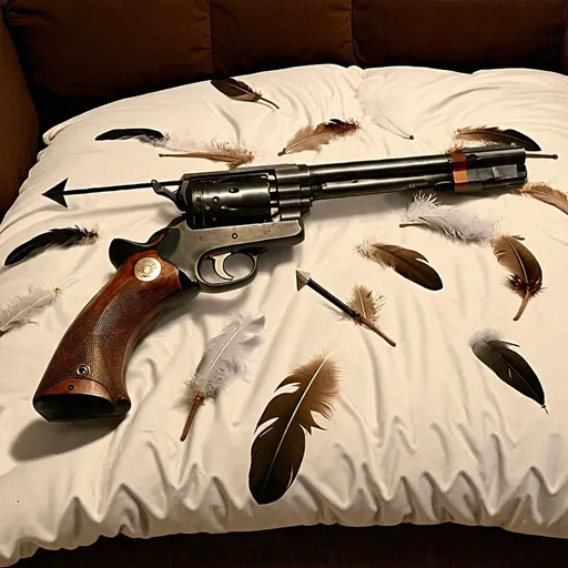 Prompt: A gun whose arrow is the feathers in the blanket and pillow