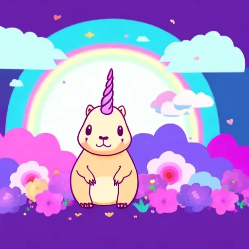 Prompt: Cute capybara, with unicorn horns. Pink and purple flowers. Big rainbow in background. Anime or cartoon style