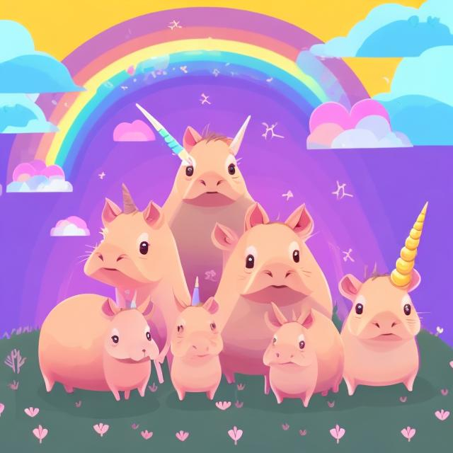 Prompt: Cute capyvara family, with unicorn horns. Pink and purple flowers. Big rainbow in background. Anime or cartoon style