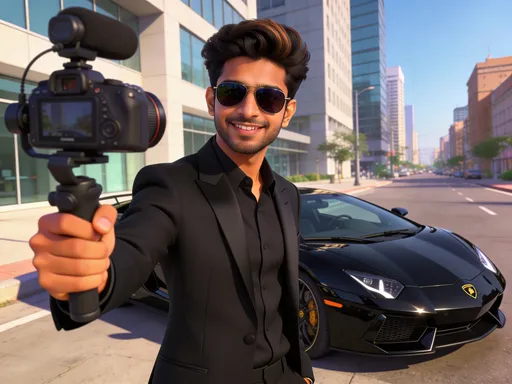 Prompt: Ultra realistic Indian male vlogger, 22 years old, stylish modern haircut, confident facial expression, wearing black luxury suit and dark sunglasses, standing beside a shiny black Lamborghini on a modern city street, holding a professional vlog camera, cinematic natural sunlight, realistic skin texture, DSLR photography, highly detailed face, photorealistic, ultra HD 8k, sharp focus, professional color grading, no cartoon, no blur