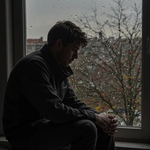 Prompt: Man, lonely, rainy day, front Window, wearing black jacket, hunky
