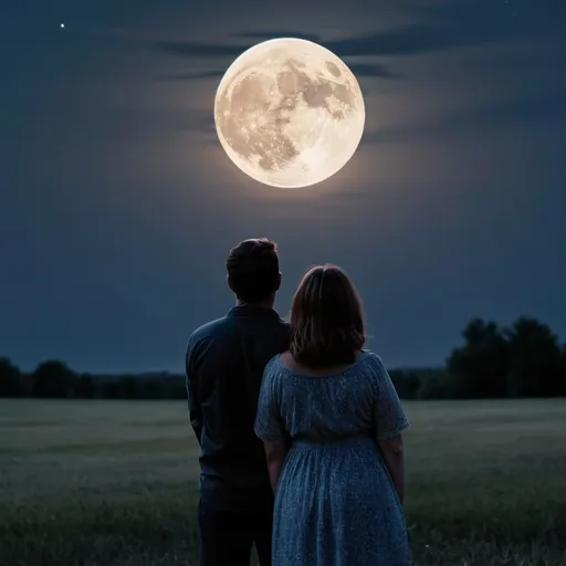 Prompt: Pasangan suami isteri yang sedang merenung bulan purnama.