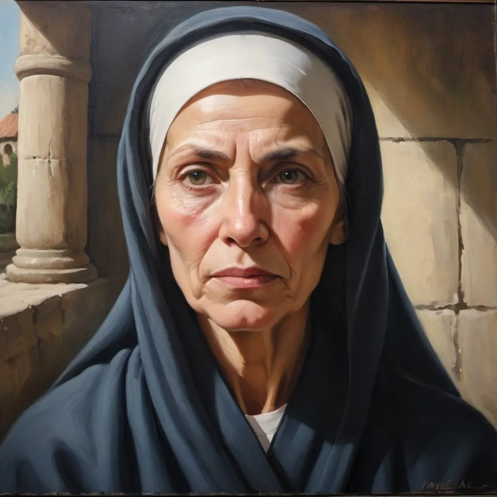 Prompt: Mother Avice, oil painting, serene monastery setting, detailed facial expression, stern but protective, late 40's, tough inner strength, high quality, oil painting, detailed expression, protective, serene, strong, professional, atmospheric lighting