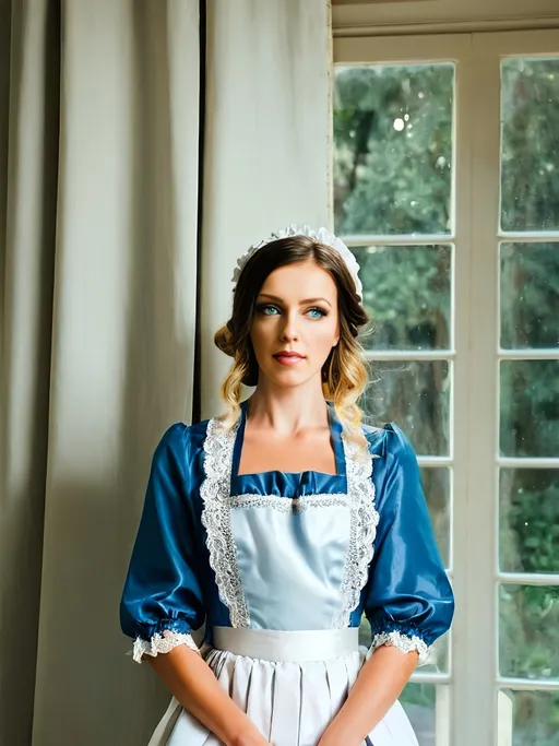 Prompt: European girl  in (elegant) long maid satin blue uniforms with white apron, hair blonde bun, showcasing exquisite fabric texture, (flowing drapes), gracefully posed, soft luminous lighting, muted pastel colors, intricate lace detailing, delicate accessories, enchanting ambiance, serene facial expressions, lush house background, high-quality, (ultra-detailed) craftsmanship, evoking a refined and charming atmosphere, capturing the essence of timeless European elegance. clean windows,
no whatermark
