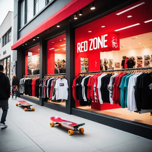 Prompt: Urban street photo of Red Zone clothing and skateboard stores, vibrant and energetic atmosphere, modern streetwear fashion, cool skater vibe, bustling shopping center, high quality, urban photography, vivid colors, dynamic composition, trendy street style, busy crowd, trendy storefront, contemporary urban lifestyle, natural lighting